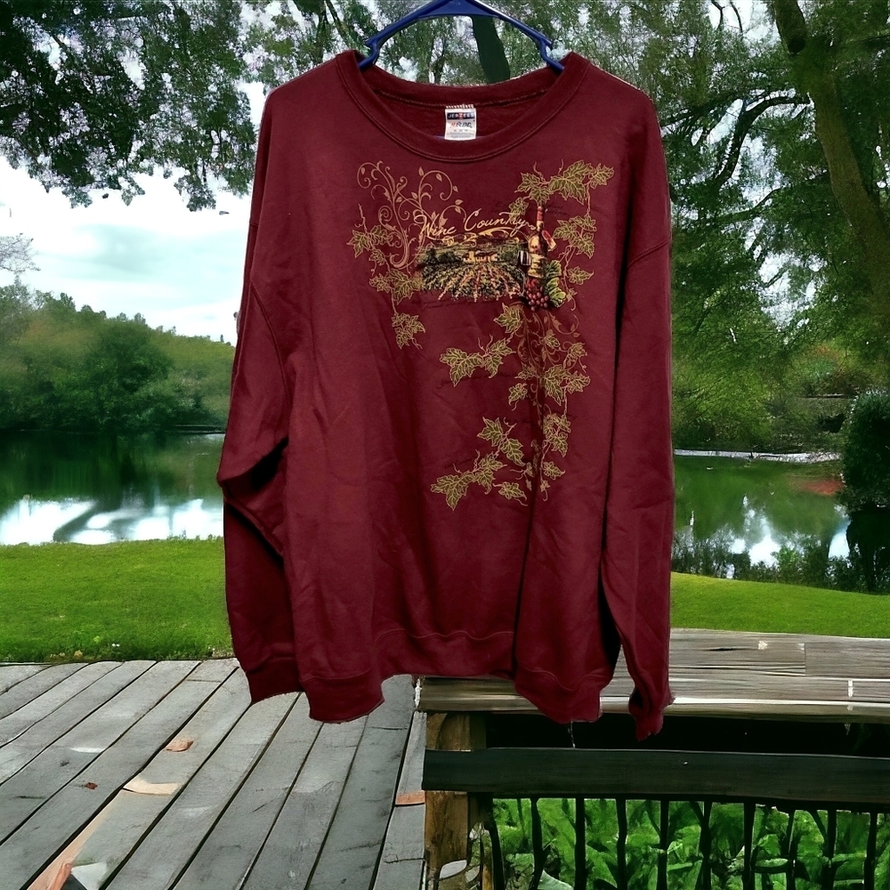VTG Y2k Jerzees Burgundy Red Wine Country Vineyard Art Pullover Sweatshirt XL - Picture 2 of 11